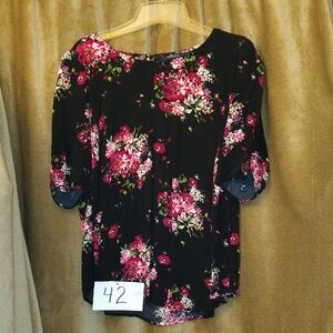 Torrid Black Blouse with Pink Floral Print, Size 2